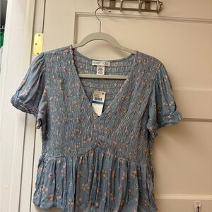 Planet Gold Women's Blue and Pink Floral Blouse